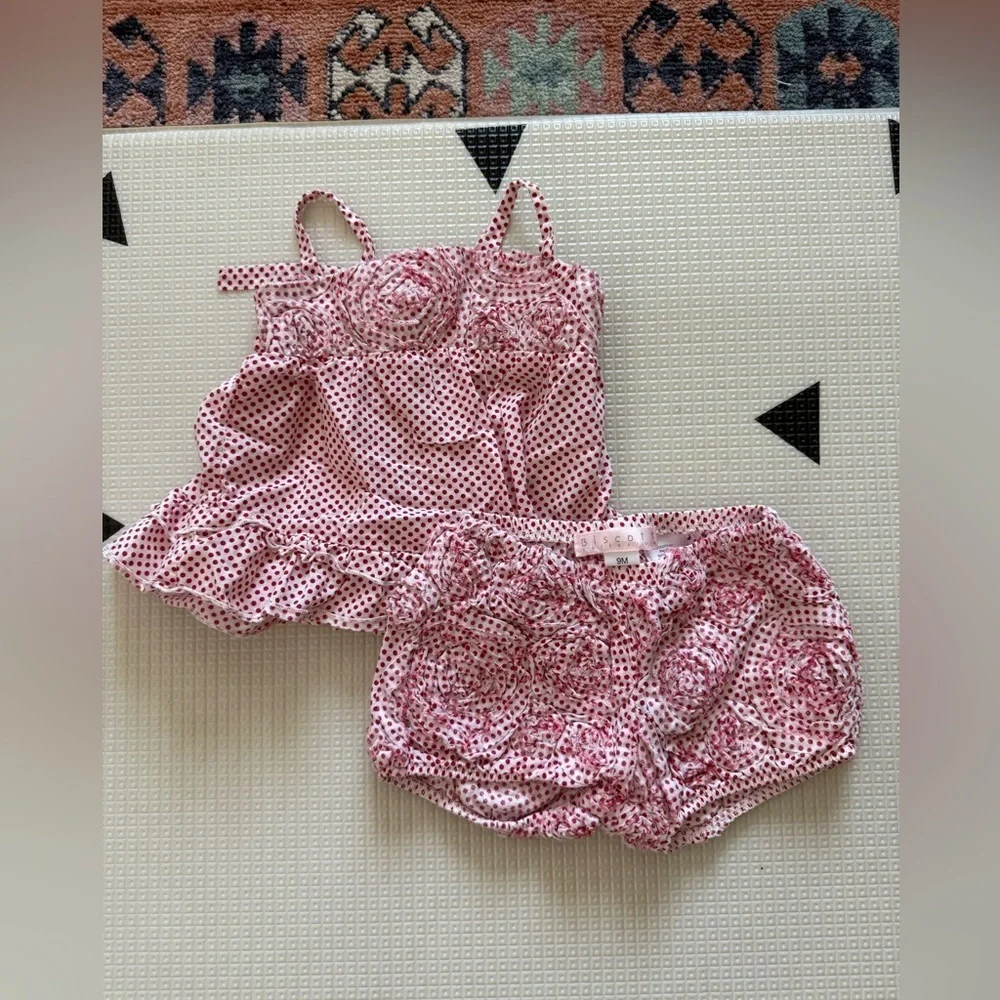 Biscotti|Vintage style Baby girl Red Polka Dot matching set,diaper cover & top•